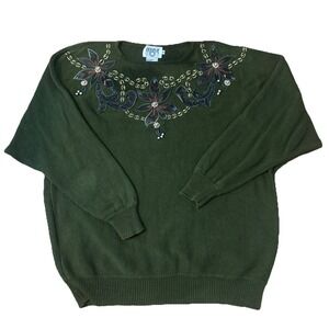 Cervelle Womens Green Fall  Sweater Size 3X Leaf & Floral Embellished